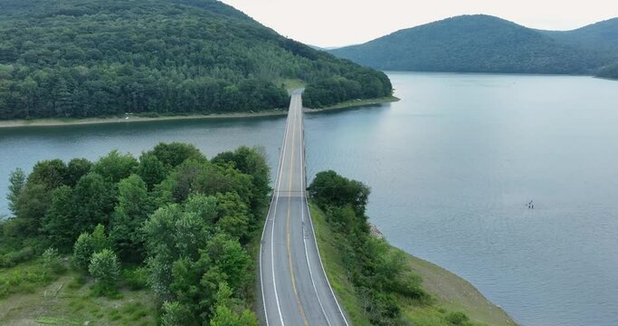 Aerial video of the bridge of the Cannonsville Reservoir, NYC DEP water supply