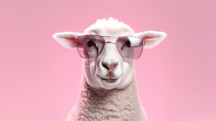 Portrait of a sheep with glasses on a pink background