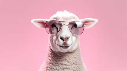 Foto op Canvas Portrait of a sheep with glasses on a pink background © Krtola 