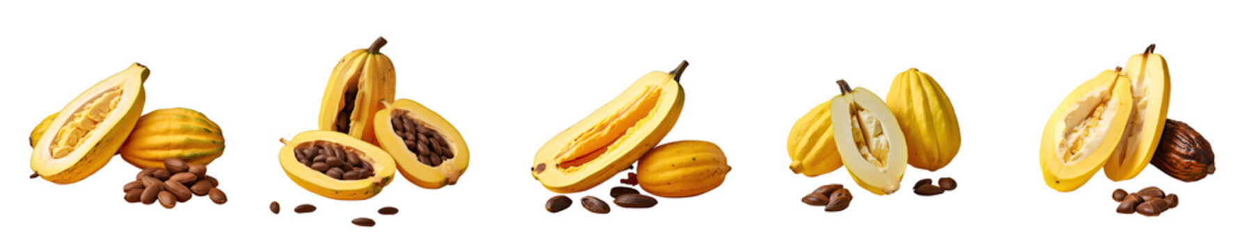 Png Set Fresh sliced yellow cocoa pods isolated on transparent background