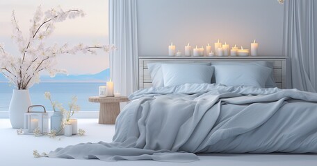white bedroom interior with candle lights in winter season, generative Ai