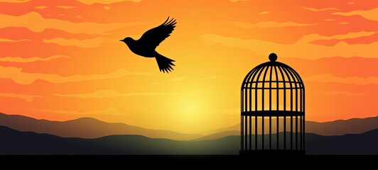 silhouette flat design illustration of a pigeon bird fly out of the cage, freedom concept, out of comfort zone,  Generative Ai