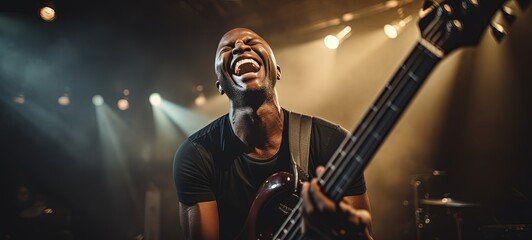 happy African man playing electric guitar on stage with spotlights shine behind, Generative Ai