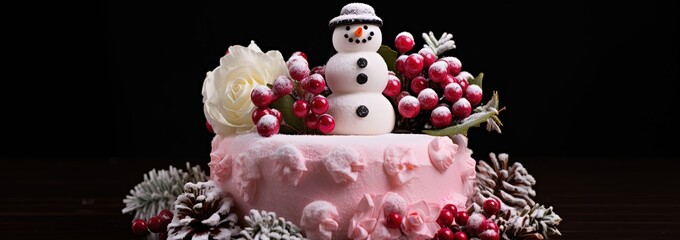 close up Christmas cake decorated with snowman and berries, Generative Ai