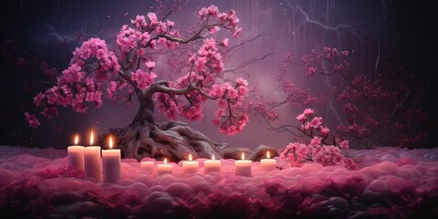 candle lights under cherry blossom tree, Generative Ai