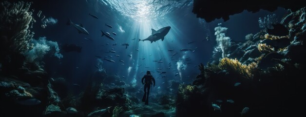 scuba drivers through tunnel under the ocean with fish and dangerous killer shark undersea life wonders around them as wide banner design with big copyspace area - obrazy, fototapety, plakaty