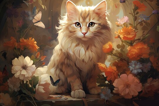 painting style illustration of cute fluffy long fur cat sitting in flower blossom garden, Generative Ai