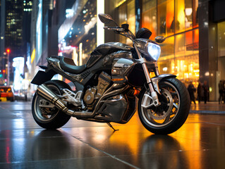 Static Amidst Chaos: Sleek Silver Motorcycle on Bustling City Street with Towering Illuminated Skyline