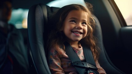Little girl sitting in a car safety seat - obrazy, fototapety, plakaty