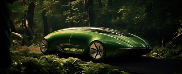 modern futuristic green car driving among a forest
