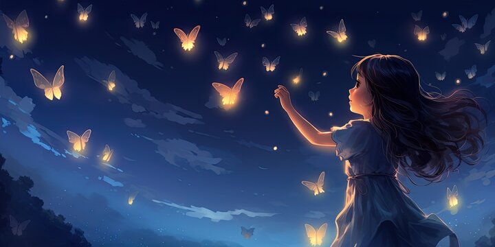 painting style illustration of young girl looking at flutter of butterflies fly to sky at night time, Generative Ai