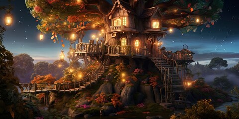 fairytale scenery art illustration, fantasy mood, elven village big tree trunk town, Generative 