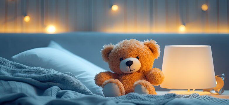 cute stuffed animal toy teddy bear sitting on cozy bed with warm glitter glow lights, Generative Ai	
