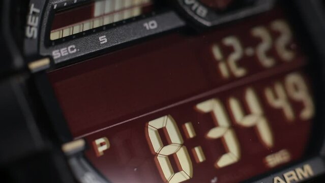 LCD display of a tough sports watch with running timer and stopwatch 