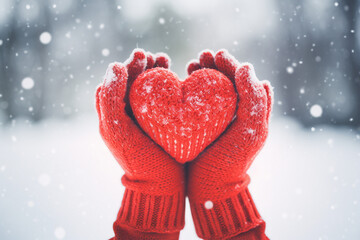 Female hands in knitted mittens holding red knitted heart on winter snowy day. High quality photo