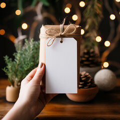 Christmas gift tag mockup. Female hand holding christmas gift box with blank paper tag