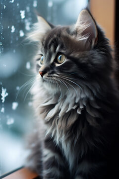 beautiful siberian cat looking out the window on a rainy day