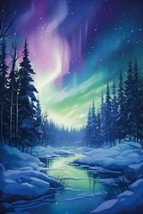 Fototapeten river middle snowy forest northern lights background bright color sales purplish space alaska furry © Cary