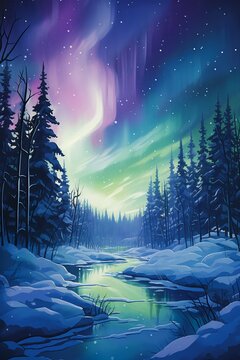 River Middle Snowy Forest Northern Lights Background Bright Color Sales Purplish Space Alaska Furry