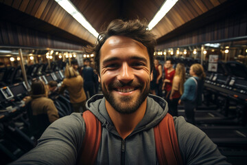 Fitness, exercise fitness gym selfie portrait of trainer man happy about workout, training motivation, body wellness. Sporty male coach smile, take selfie for blog inspiration and progress post - obrazy, fototapety, plakaty