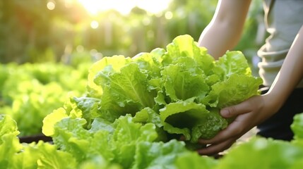 Woman is cultivating green lettuce