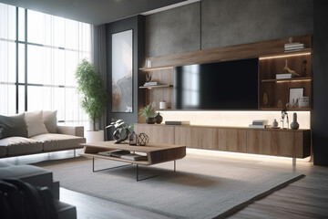 Modern living room with big TV screen and comfortable sofa alongside a window