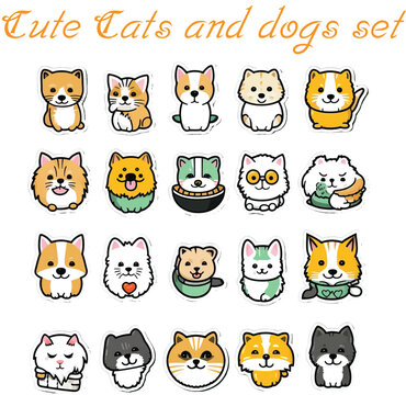 cute cats and dogs  vector set , sticker, chracter