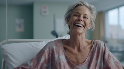 Portrait of a middle-aged woman in a hospital bed - obrazy, fototapety, plakaty