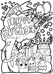 happy birthday funny monsters. Cool hand drawn characters. Cartoon hand drawn doodles, children's  illustration coloring background. black and white stripes.