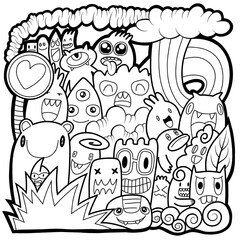funny monsters. Cool hand drawn characters. Cartoon hand drawn doodles, children's  illustration coloring background. black and white stripes.