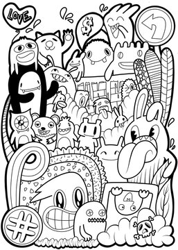 funny monsters. Cool hand drawn characters. Cartoon hand drawn doodles, children's  illustration coloring background. black and white stripes.