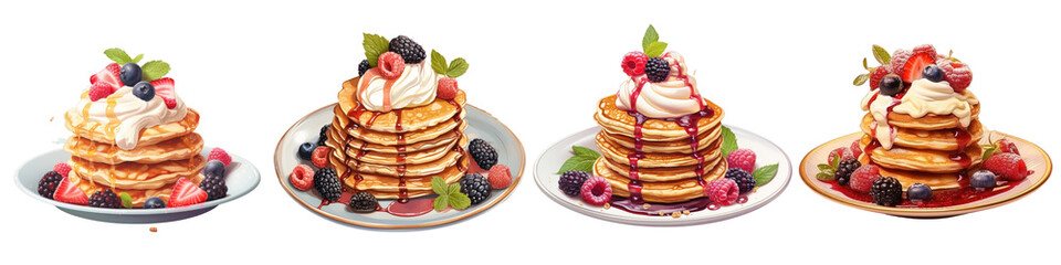 Png Set Pancakes topped with ice cream nuts and berries on a transparent background