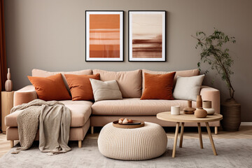 a cozy living room with beige sofa and coffee table