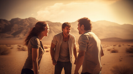 Three angry people in a desert shouting and screaming at each other, having a disagreement, expressing hatred and anger - obrazy, fototapety, plakaty