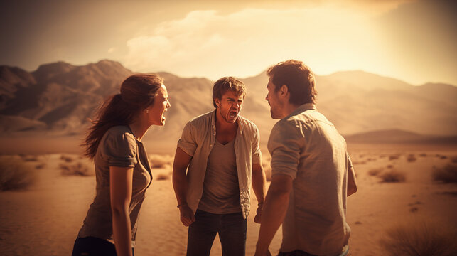 Three angry people in a desert shouting and screaming at each other, having a disagreement, expressing hatred and anger