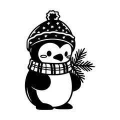 Cute Christmas Penguin with winter hat and scarf. Cartoon style. Christmas Holiday design. Vector flat illustration isolated on white background. Design For T-shirt printing, poster, party invitation