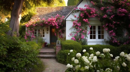 a picturesque vine-covered cottage in a countryside garden, surrounded by lush greenery and fragrant flowers