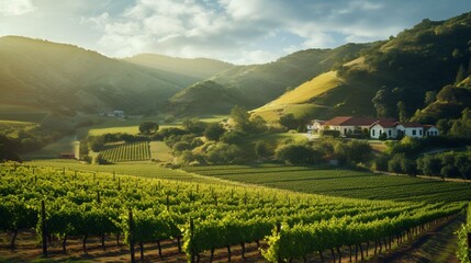 a picturesque vineyard, with rows of grapevines laden with plump, ripe grapes against a backdrop of...