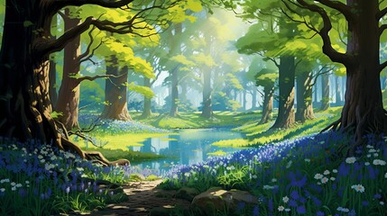 a serene bluebell wood, where a sea of vibrant blue flowers stretches beneath a canopy of ancient trees
