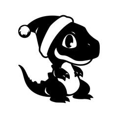 Cute dinosaur wearing a Santa hat. Baby dino silhouette. Simple black graphic. Cartoon style. Vector illustration on white isolated background.