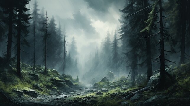 a serene, mist-covered forest, where the trees disappear into the ethereal mist, creating a dreamlike scene