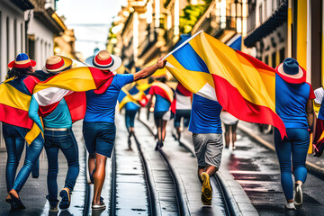 Colombian people celebrating Independence Day with enthusiasm on the streets of Colombia. Rear view.