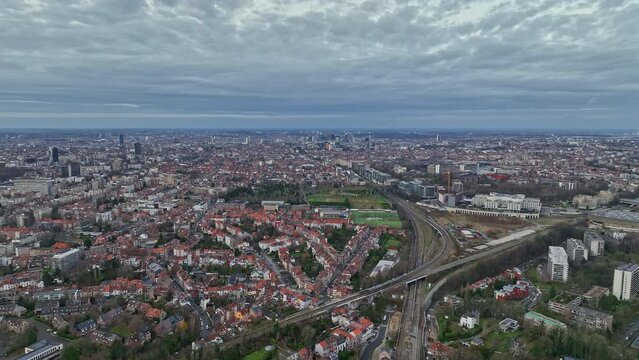 Aerial view: Cloudy Brussels reveals its architectural marvels and economic vigor.
