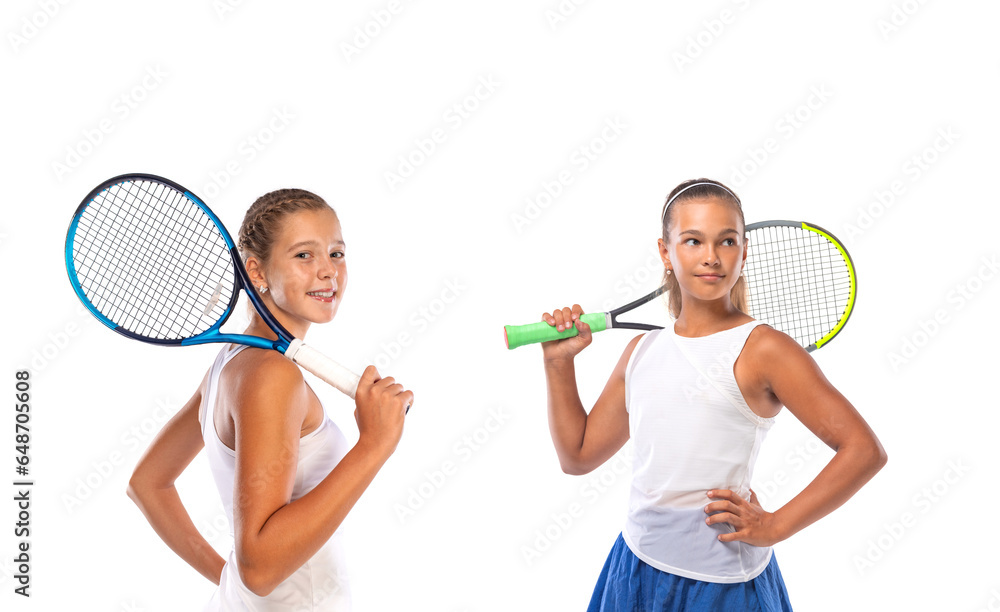 Wall mural doubles tennis. tennis players teens concept. template for sports advertising with copy space on whi