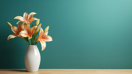 Wooden table with vase with bouquet of lily flowers, blank turquoise wall.  Home interior background with copy space. Minimalistic style. Digital illustration generative AI.