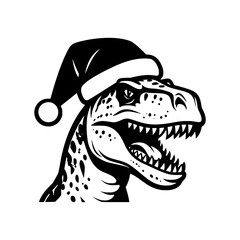 T-rex Christmas Dinosaur wearing a Santa hat. Simple black silhouette graphic. Vector illustration on white isolated background. Christmas design for t-shirt, invitation, emblem, stickers © Orange Brush