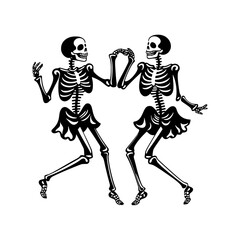 Dancing skeletons. Simple black silhouette graphic. Vector illustration on white isolated background. Halloween's design for t-shirts, invitations, emblems, stickers