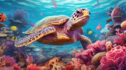 Fototapeta na wymiar Turtle is swimming in the sea