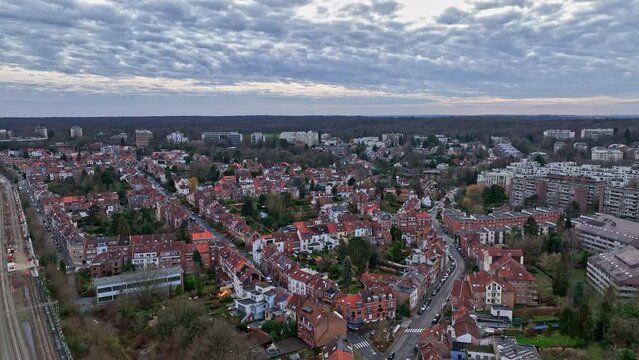 Overcast skies frame Brussels' rich history in an aerial panorama of homes and spires.
