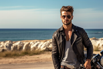 Attractive man with his motorcycle in a beach scenery. Generative AI